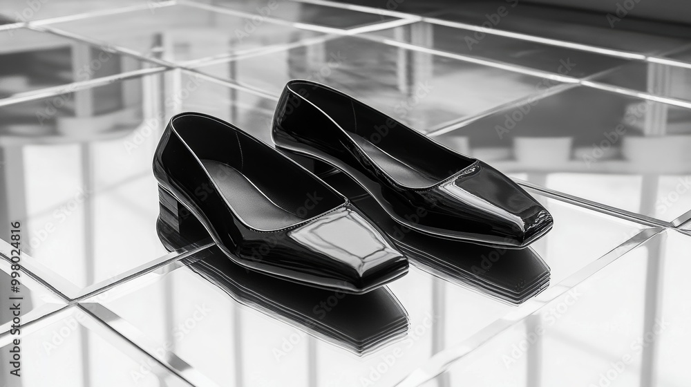 Poster glossy black ballet flats with square toes placed on a mirrored surface modern and reflective design