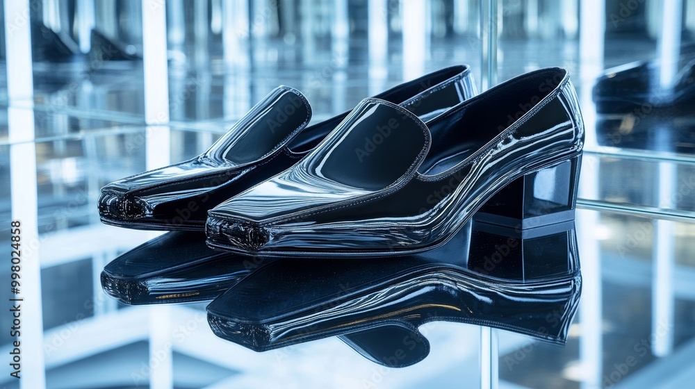 Poster glossy black ballet flats with square toes placed on a mirrored surface modern and reflective design
