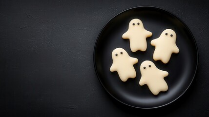 Glowing ghost-shaped cookies on a black plate, vibrant details, cobweb background, 3D illustration