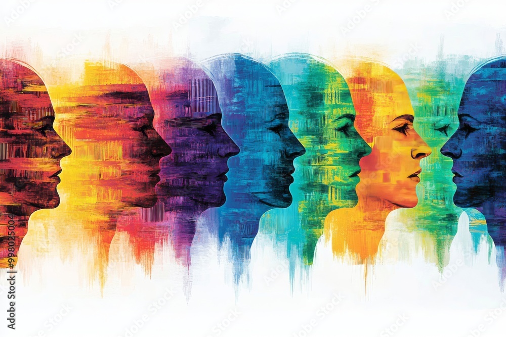 Poster colorful overlapping human silhouettes in a digital glitch effect representing diversity communicati