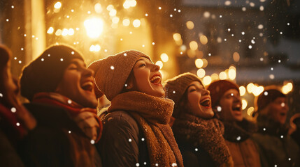 Group of people singing Christmas songs outside, snow falling, warmly lit houses and twinkling lights, festive energy 