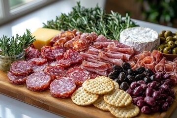 Obraz premium Antipasto platter with prosciutto crudo or jamon, ham, salami, cheese, olives and grapes. Elegant charcuterie board with a variety of cured meat.