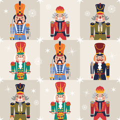 Seamless Christmas Pattern with Nutcrackers portrait on a square checkered background New year illustration.