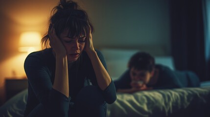 Two women experiencing emotional distress in a dimly lit bedroom setting, suitable for relationship and mental health themes