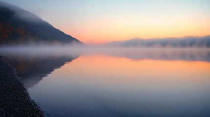 Fototapeta premium A misty sunrise over a calm lake, with a mountain range in the background, reflecting on the still water.