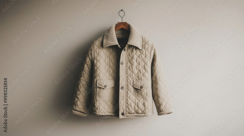 Poster light grey quilted shacket with snap buttons and collar isolated on a light grey background minimal 