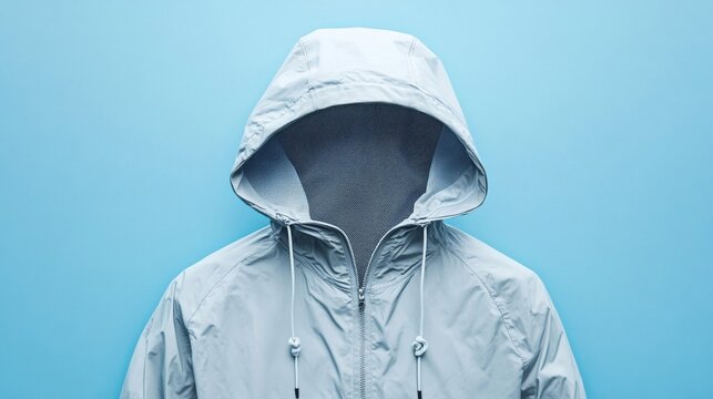 Light grey rain jacket with mesh lining and zipper details isolated on a light blue background lightweight and breathable 