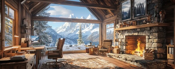 Home office with a peaceful Alpine lodge theme, featuring natural wood architecture, a stone fireplace, and snow-capped mountain views Warm and inviting