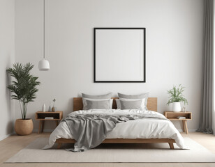 Mockup frame in bedroom interior background, with minimal décor and vibrant plants