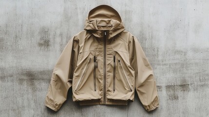 Fototapeta premium Minimalist beige rain jacket with hidden zippers and sleek silhouette placed on a smooth concrete surface modern design 