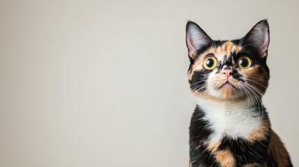 Calico cat with wide eyes looking surprised, isolated on a soft light background with space for text on the left