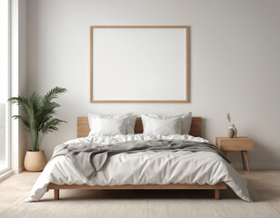 Mockup frame in bedroom interior background, with minimal décor and vibrant plants