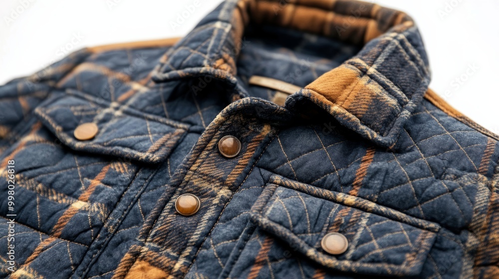 Poster plaid-patterned quilted jacket with classic collar and button-up front isolated on a white backgroun