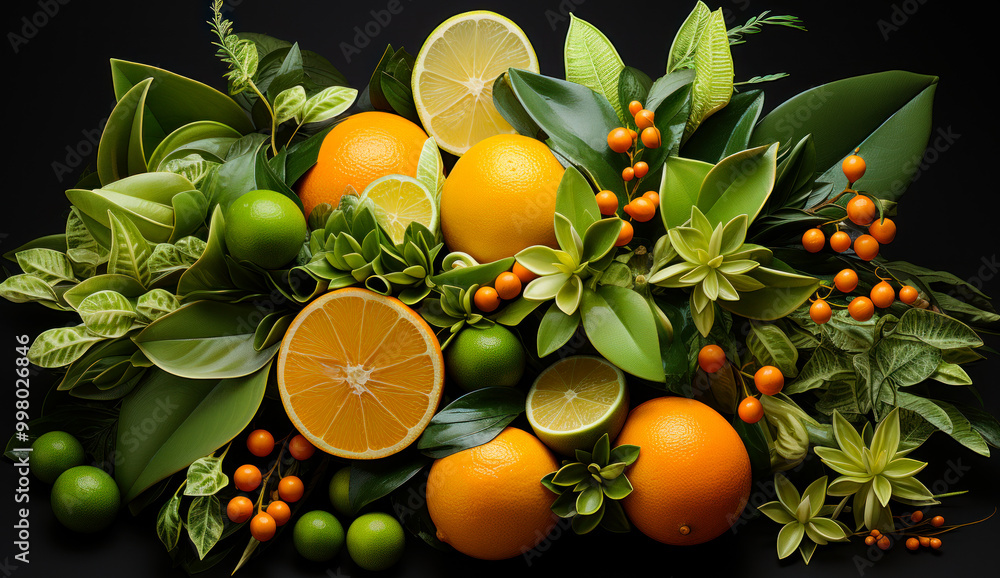 Wall mural a bunch of oranges and limes are arranged on a black background. the arrangement of the fruits creat