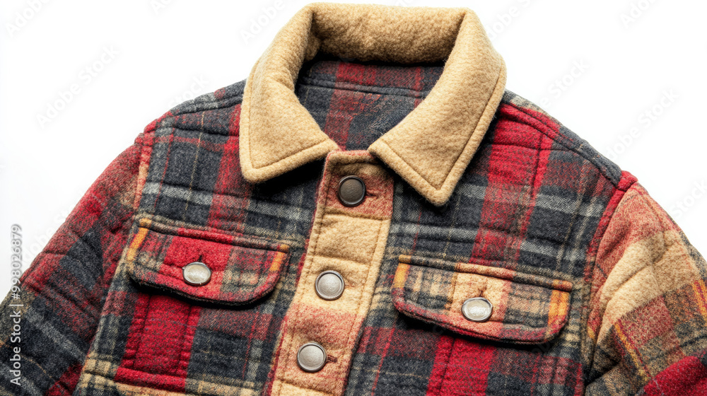 Poster plaid-patterned quilted jacket with classic collar and button-up front isolated on a white backgroun