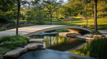 A modern, minimalist pedestrian bridge, with a curved structure crossing a peaceful stream, supported by simple, unobtrusive pillars