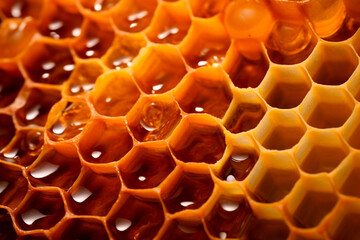 Close up of pure honeycombs, hexagonal structure filled with wild honey, a natural marvel