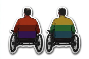 Fototapeta premium Two people in wheelchairs with pride flags on the back symbolizing inclusivity pride and mobility support in a colorful and modern sticker design