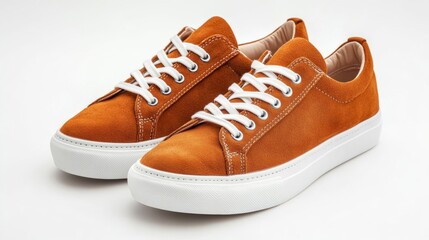 Rust-colored suede sneakers with white soles and laces isolated on a clean white background cozy autumn vibes 