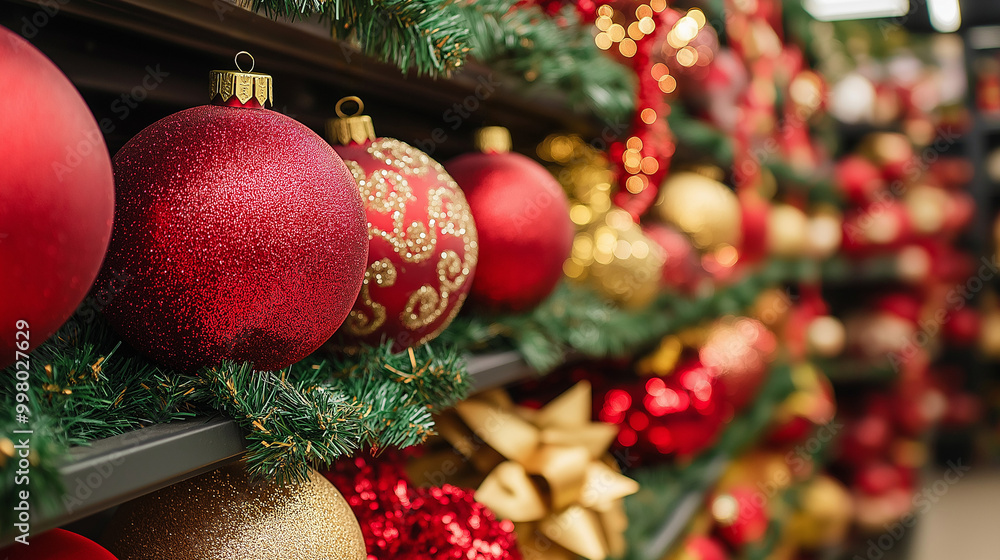 Poster Shelves lined with red and gold Christmas baubles, tinsel, and decorative ribbons, holiday shopping scene 