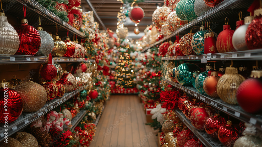 Wall mural Shelves stocked with Christmas lights, ornaments, and ribbons, festive colors of red, green, and gold, bright store ambiance 