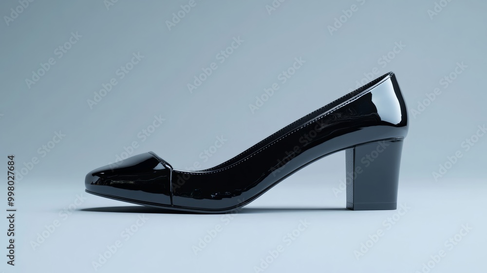 Poster shiny black kitten heels with square toes isolated on a gradient grey background bold and edgy
