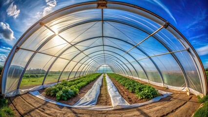 Fototapeta premium Fisheye view of greenhouse hoop house on farm with fabric tunnels inside