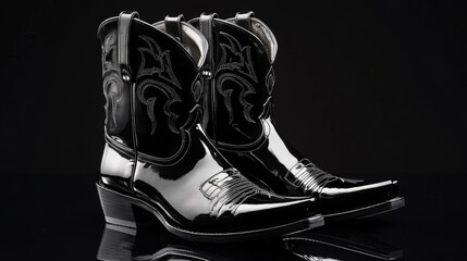 Shiny black cowboy boots with silver buckles on a reflective black surface modern and sleek 