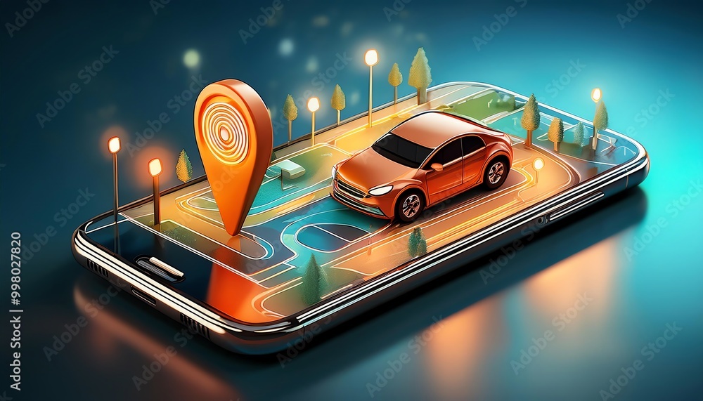 Poster a vibrant smartphone display showcases a miniature car parking scene with a location pin, symbolizin