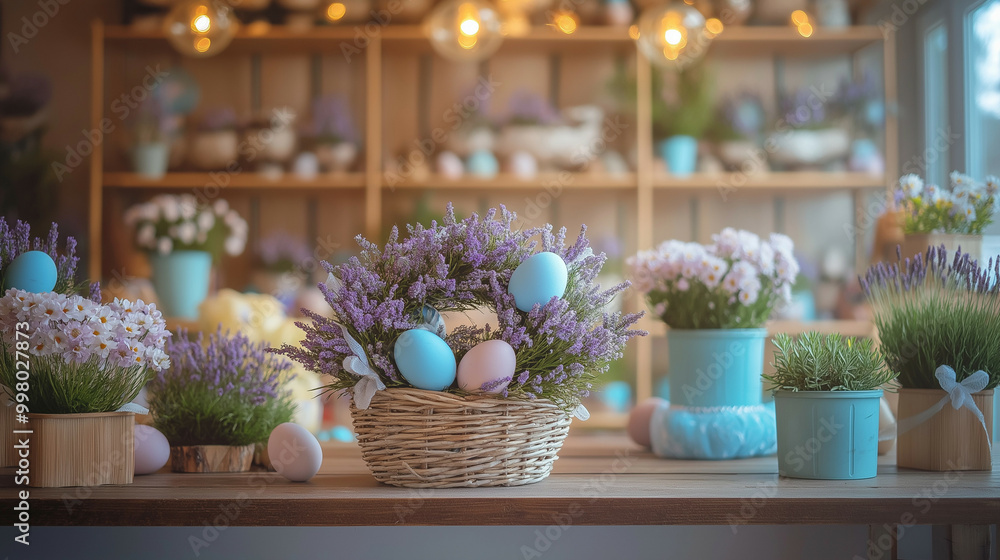 Poster Shop counter with Easter wreaths featuring lavender, pastel eggs, and ribbons, cozy rustic vibe, soft lighting 