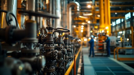 Fototapeta premium A detailed view of an automated fire suppression system in an oil refinery, showing high-pressure sprinkler heads installed above machinery and along pipe racks.