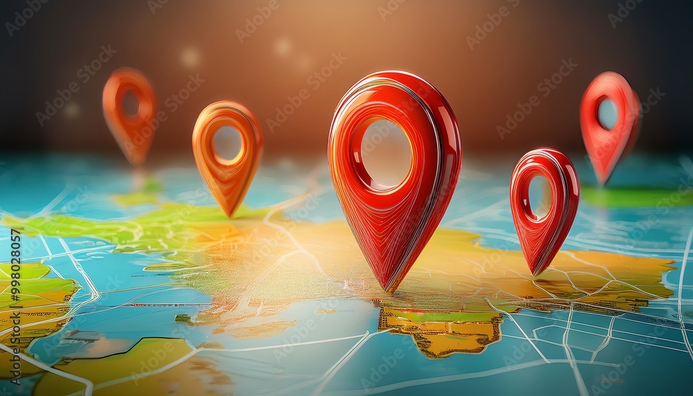 Poster a vibrant digital map with multiple red location pins, symbolizing navigation, exploration, and conn