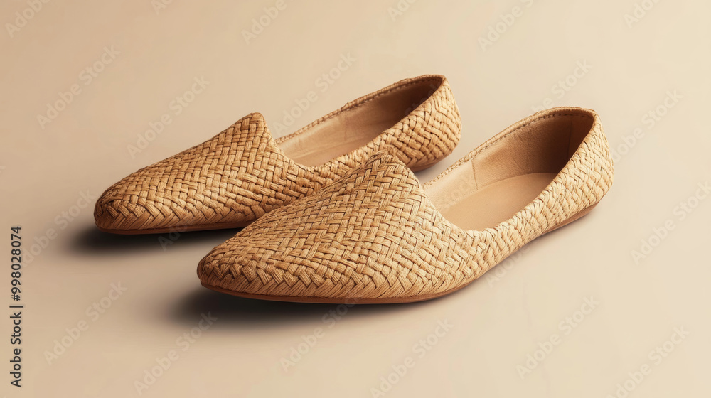 Poster simple tan ballet flats with woven texture isolated on a gradient beige background rustic and casual