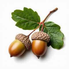 Dried acorns with leaves isolated on white background natural organic healthy nut food