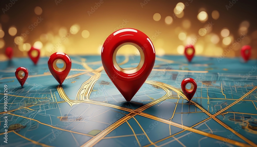 Aufkleber a vibrant map with red location pins highlights various points of interest against a golden backgrou