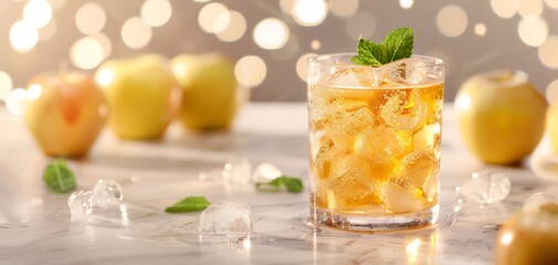 Fototapeta premium A refreshing cocktail in a glass filled with ice, garnished with mint. The blurred background features green apples and soft bokeh lights, perfect for summer gatherings.