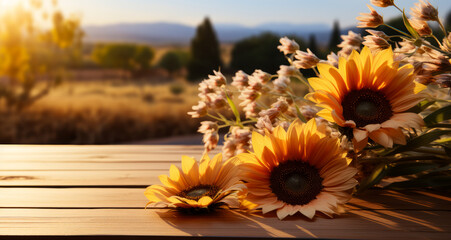 A beautiful bouquet of yellow flowers sits on a wooden table, with the sun shining brightly on them. Concept of warmth and happiness, as the bright colors of the flowers