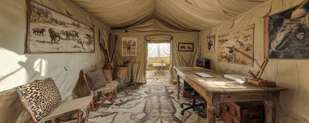 Home office with a safari tent theme, featuring canvas walls, exotic animal prints, and a rugged wooden desk Adventurous and natural