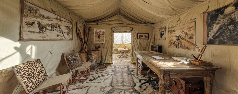 Home office with a safari tent theme, featuring canvas walls, exotic animal prints, and a rugged wooden desk Adventurous and natural