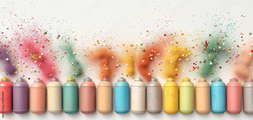 Poster A vibrant array of spray paint cans with colorful splashes and glitter effects, showcasing creativity and artistic expression on a white isolated background.