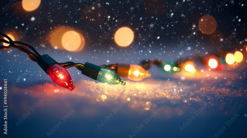 Wall mural String of glowing Christmas lights in vibrant red, green, and gold, draped over a snowy background, warm holiday glow 