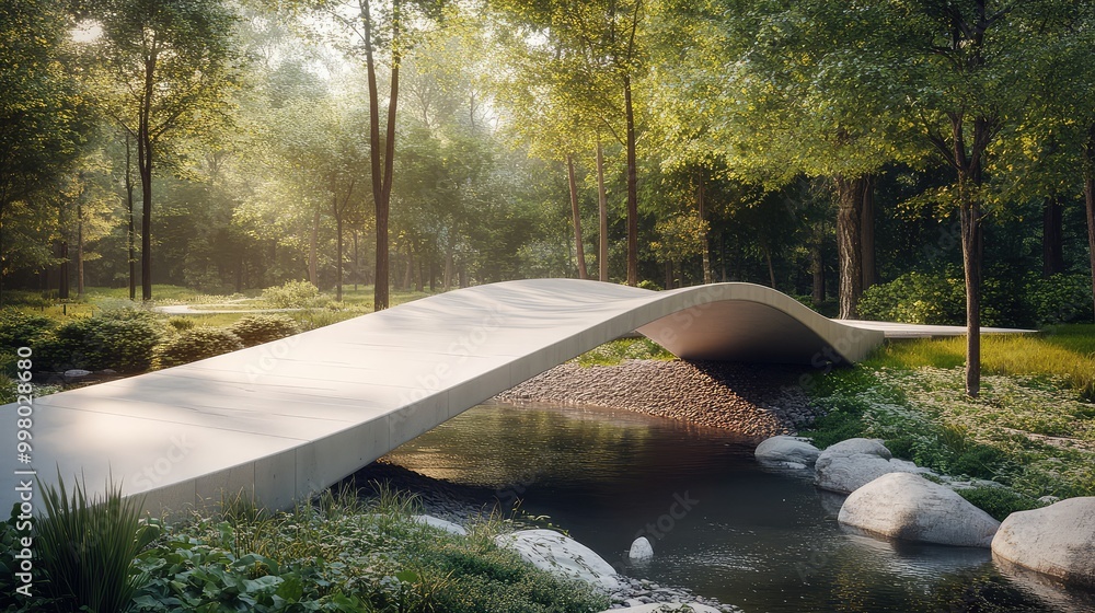 Poster a modern pedestrian bridge with soft curves, spanning a small stream, supported by minimalist pillar