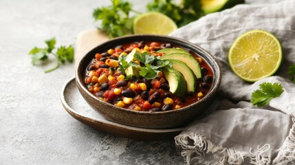 Spicy vegan chili with black beans, corn, and avocado slices, garnished with cilantro and lime, isolated on a white background fresh and bold 