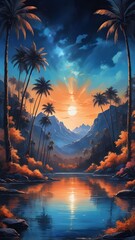 Tropical sunset with palm trees