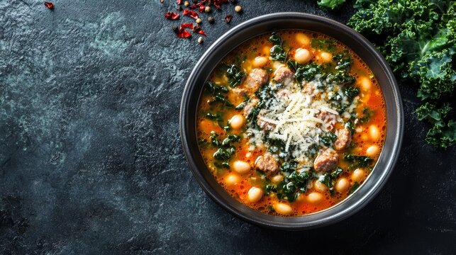Spicy sausage and kale winter soup with cannellini beans, topped with Parmesan cheese, placed on a dark countertop background bold and flavorful 