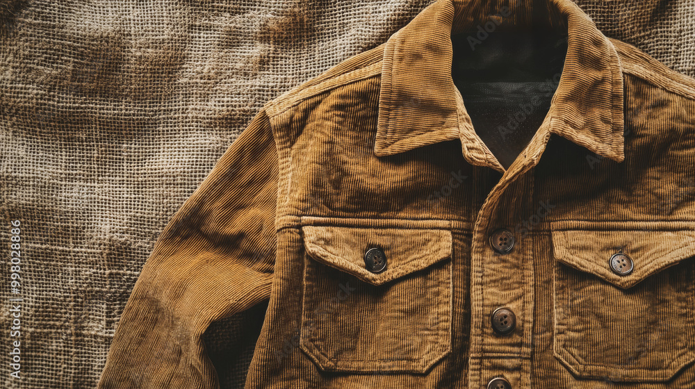 Aufkleber tan corduroy shacket with button details and front pockets placed on a burlap texture background ear