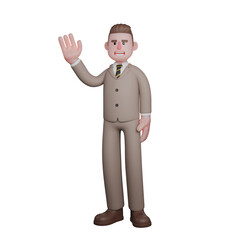 Legal Expert 3D Model. A male lawyer is standing while showing a smiling expression with his right hand raised while waving, as if greeting. Lawyer Cartoon