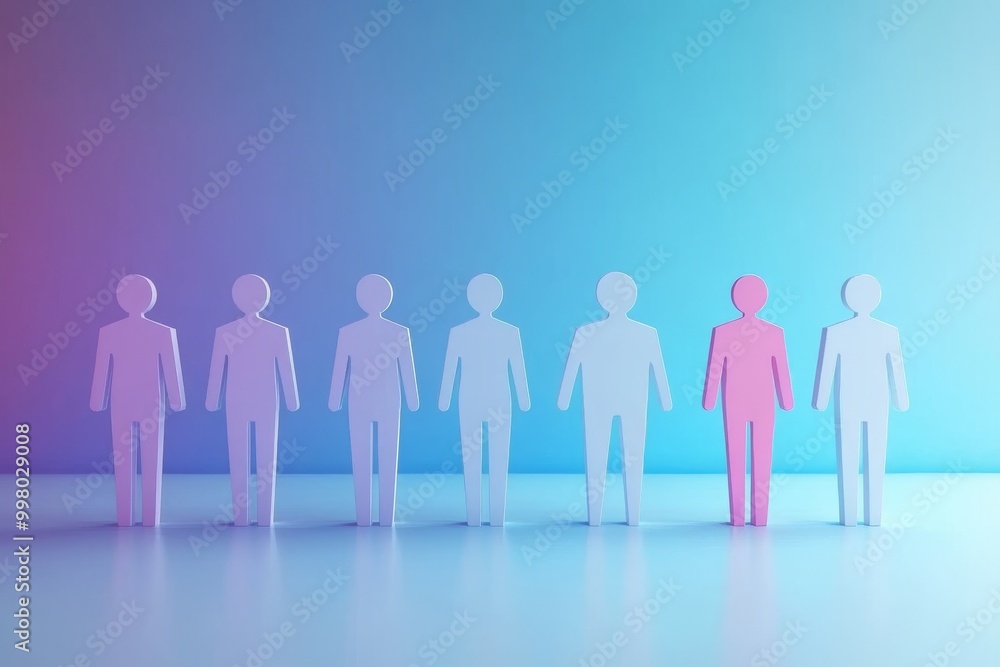 Poster minimalist representation of human figures in soft colors with one figure highlighted in pink symbol