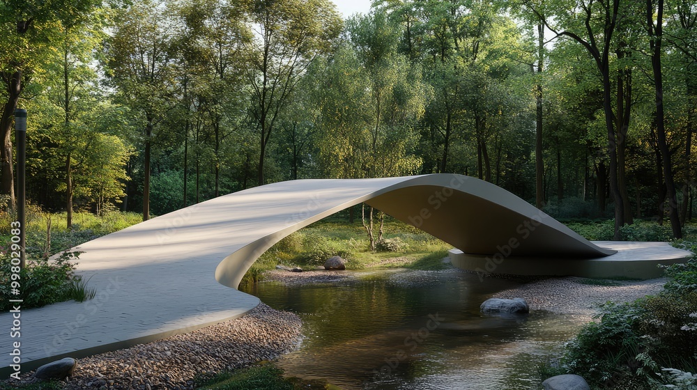 Poster a modern pedestrian bridge with soft curves, spanning a small stream, supported by minimalist pillar