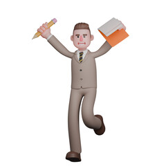Male Lawyer Character. A male lawyer is walking holding a pencil in his right hand and a clipboard in his left hand. 3D Law Office Style